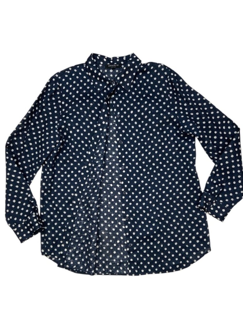 Lafayette 148 NY Linen Button Front Shirt L Blue Polka Dot Natural Fiber - Picture 13 of 15